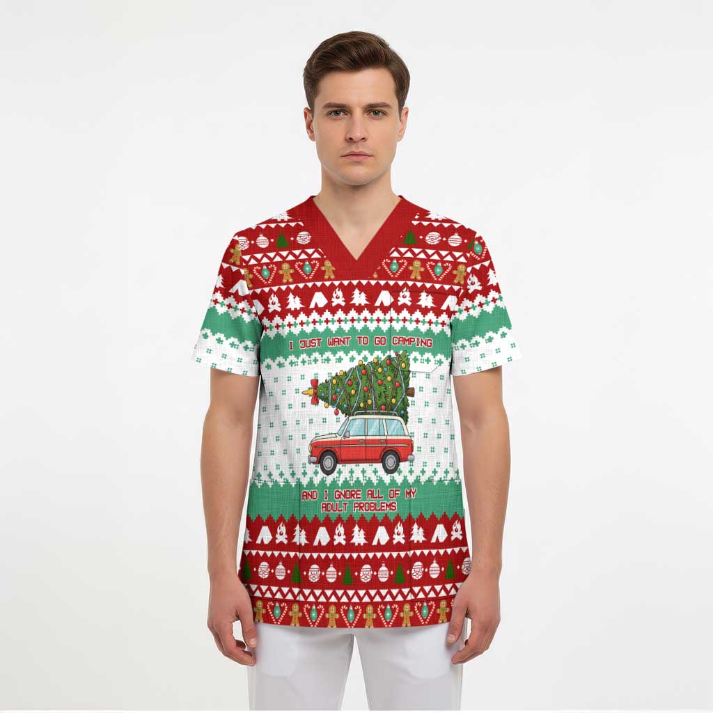I Just Want To Camping Christmas Scrub Top Xmas Holiday Patterns - Wonder Print Shop