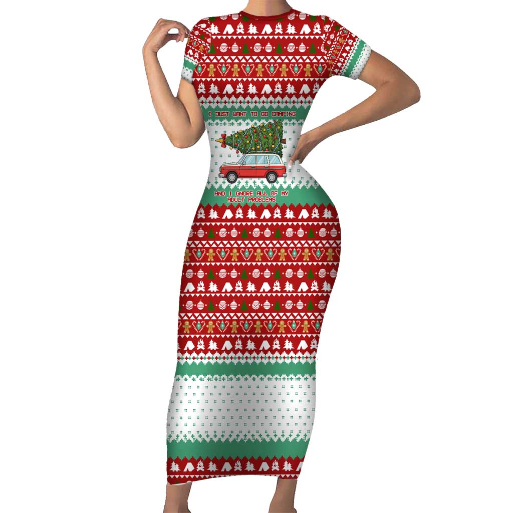 I Just Want To Camping Christmas Short Sleeve Bodycon Dress Xmas Holiday Patterns - Wonder Print Shop