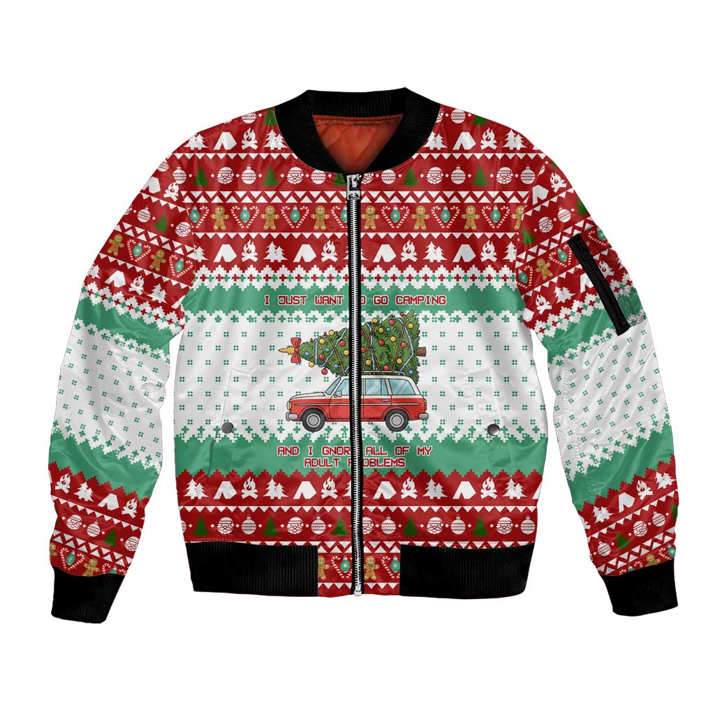 I Just Want To Camping Christmas Sleeve Zip Bomber Jacket Xmas Holiday Patterns - Wonder Print Shop