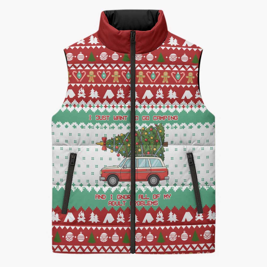 I Just Want To Camping Christmas Sleeveless Puffer Jacket Xmas Holiday Patterns - Wonder Print Shop
