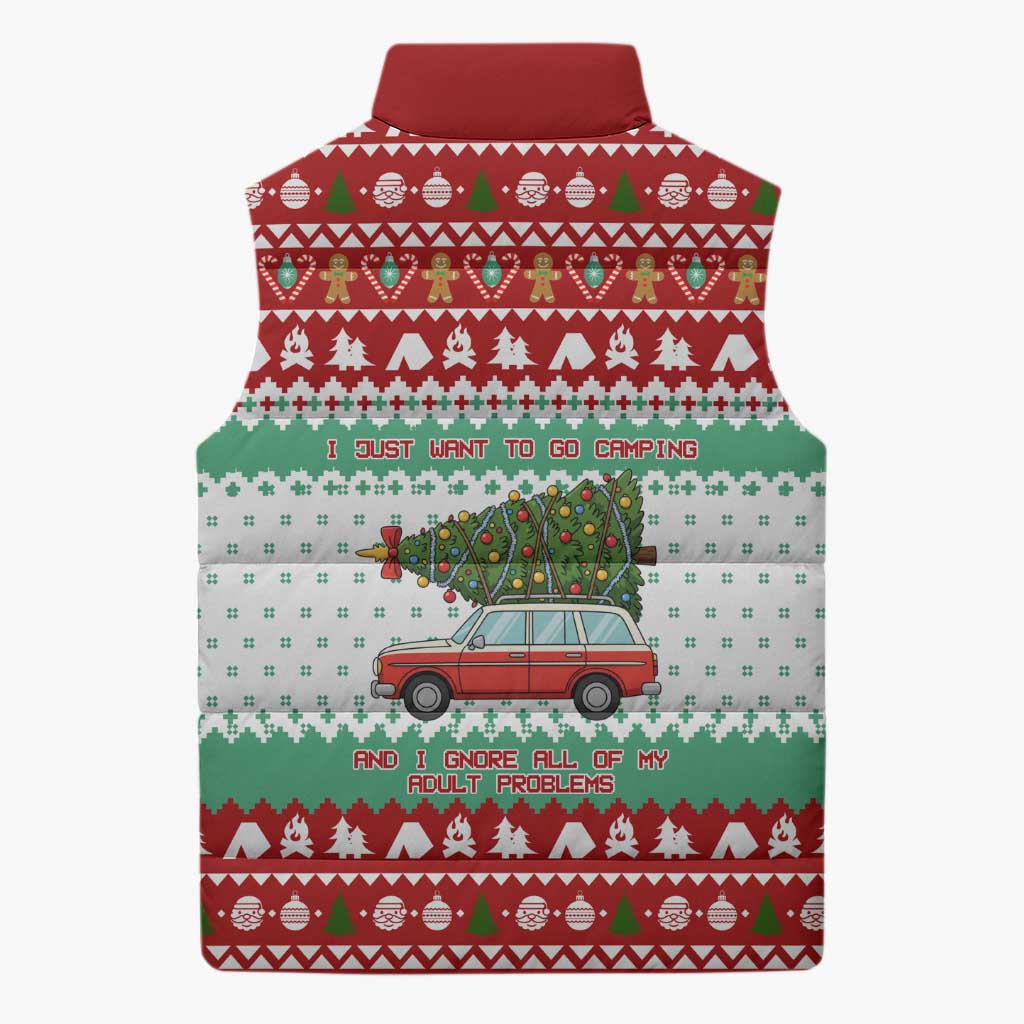 I Just Want To Camping Christmas Sleeveless Puffer Jacket Xmas Holiday Patterns - Wonder Print Shop
