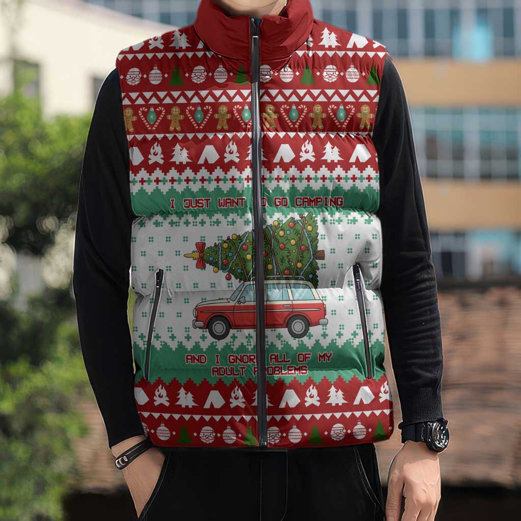 I Just Want To Camping Christmas Sleeveless Puffer Jacket Xmas Holiday Patterns - Wonder Print Shop