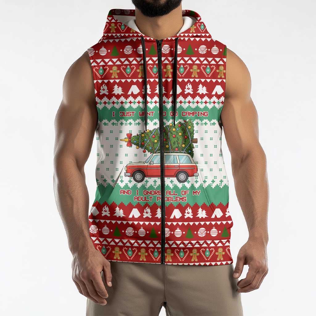 I Just Want To Camping Christmas Sleeveless Zip Hoodie Xmas Holiday Patterns - Wonder Print Shop