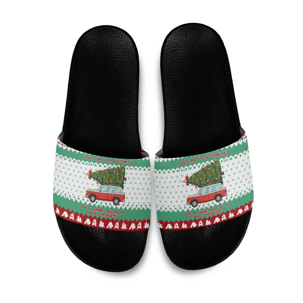 I Just Want To Camping Christmas Slide Sandals Xmas Holiday Patterns - Wonder Print Shop
