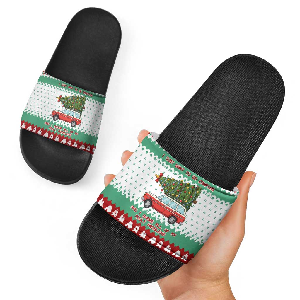 I Just Want To Camping Christmas Slide Sandals Xmas Holiday Patterns - Wonder Print Shop