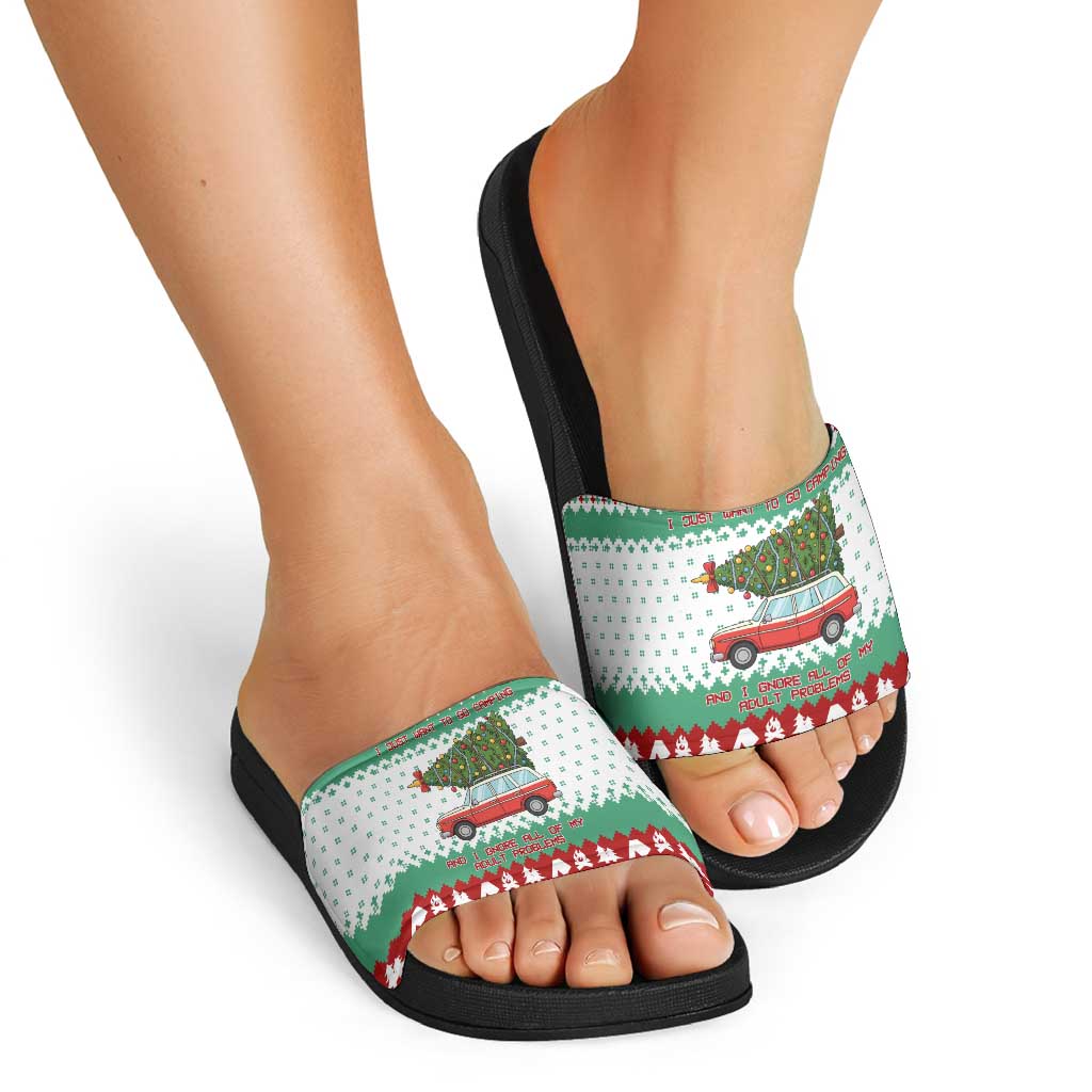 I Just Want To Camping Christmas Slide Sandals Xmas Holiday Patterns - Wonder Print Shop