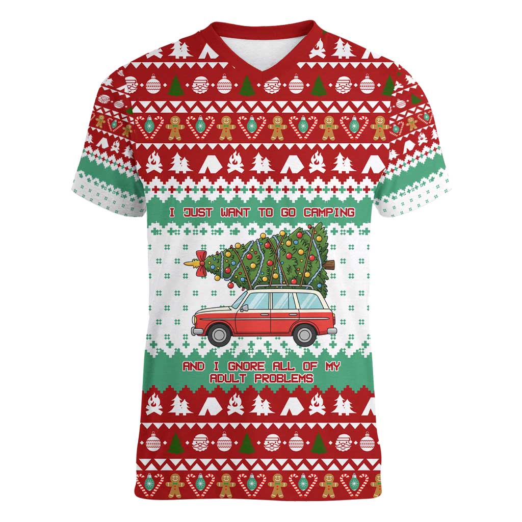 I Just Want To Camping Christmas Women V-Neck T-Shirt Xmas Holiday Patterns - Wonder Print Shop