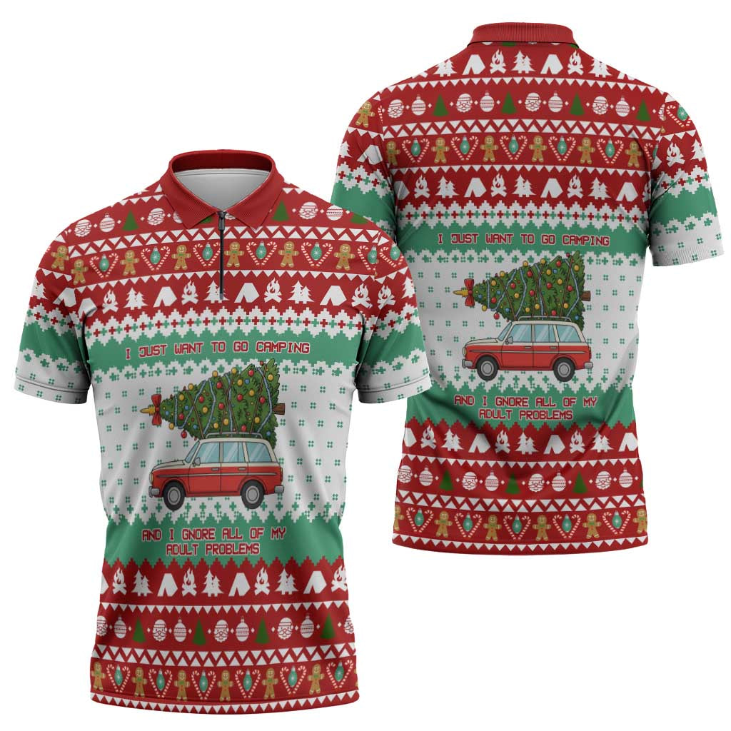 I Just Want To Camping Christmas Zipper Polo Shirt Xmas Holiday Patterns - Wonder Print Shop