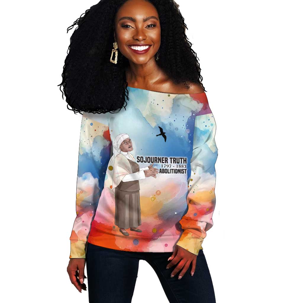 Sojourner Truth Off Shoulder Sweater I Sell the Shadow - Abolitionist Legacy Watercolor Design - Wonder Print Shop