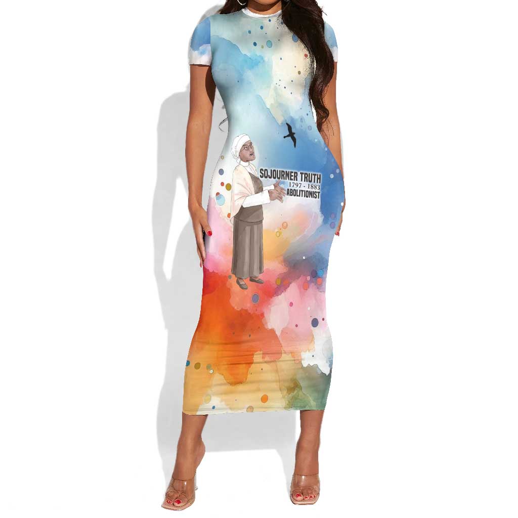 Sojourner Truth Short Sleeve Bodycon Dress I Sell the Shadow - Abolitionist Legacy Watercolor Design TS04