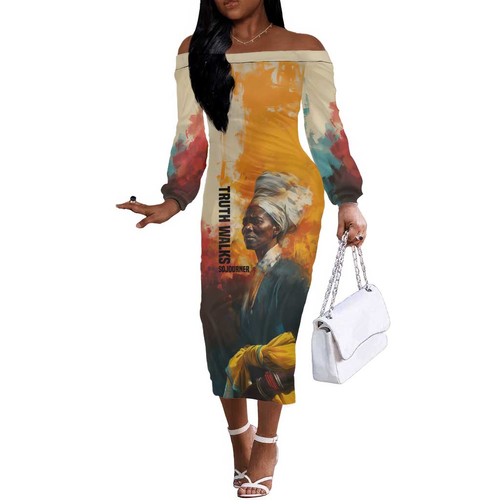 Sojourner Truth Off The Shoulder Long Sleeve Dress Truth Walks - Bold Portrait and Empowerment Design - Wonder Print Shop