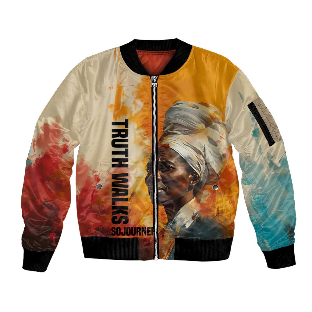 Sojourner Truth Sleeve Zip Bomber Jacket Truth Walks - Bold Portrait and Empowerment Design - Wonder Print Shop