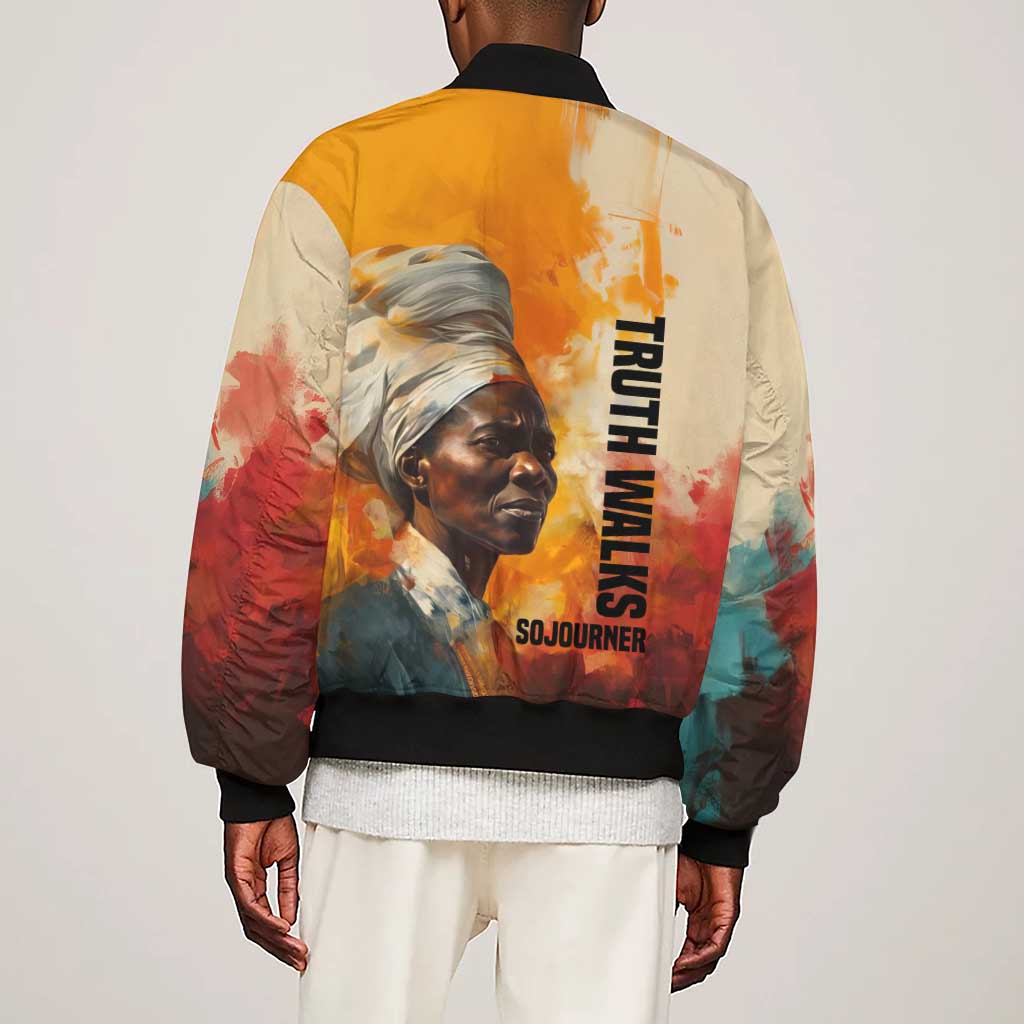 Sojourner Truth Sleeve Zip Bomber Jacket Truth Walks - Bold Portrait and Empowerment Design - Wonder Print Shop