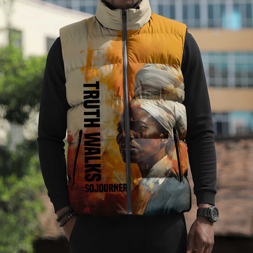 Sojourner Truth Sleeveless Puffer Jacket Truth Walks - Bold Portrait and Empowerment Design - Wonder Print Shop