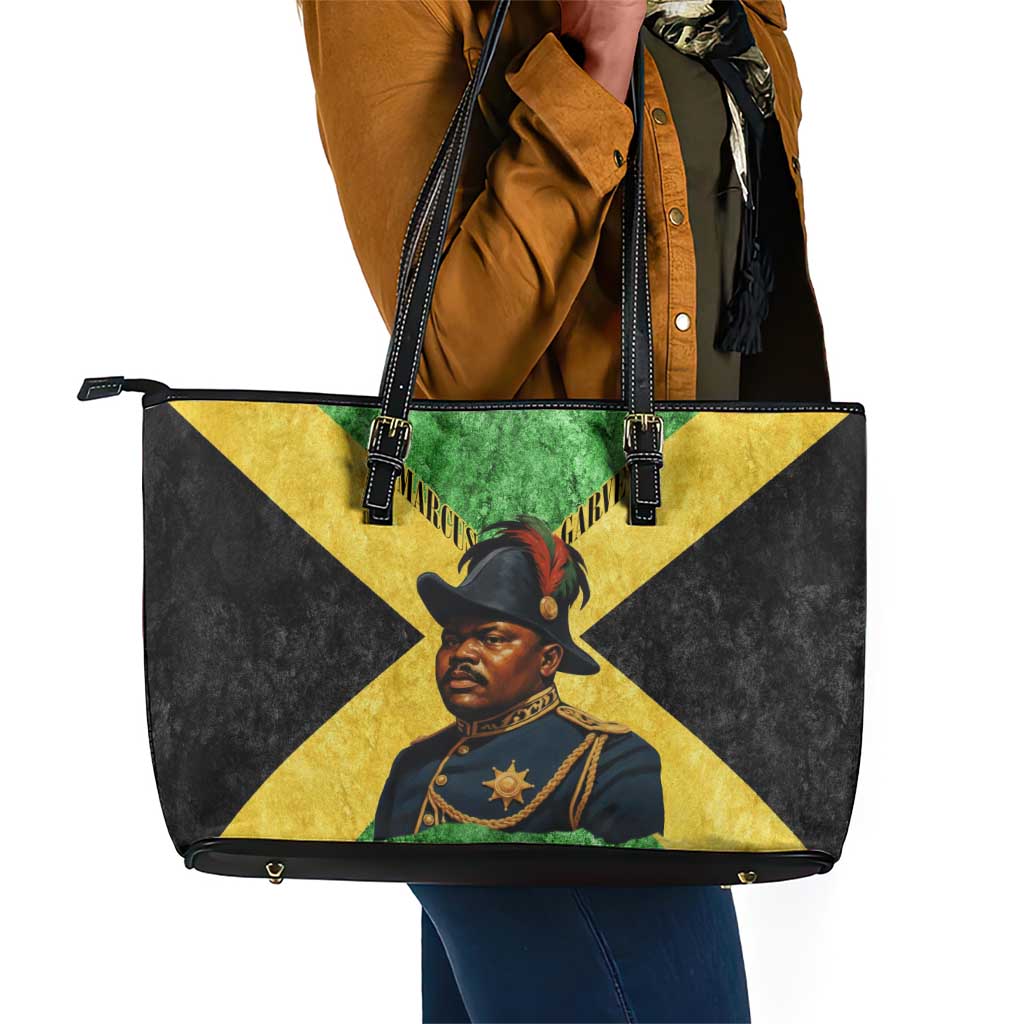 Marcus Garvey Leather Tote Bag Jamaican Flag Theme African Fist Civil Rights Symbol Pan African Tribute Design - Wonder Print Shop