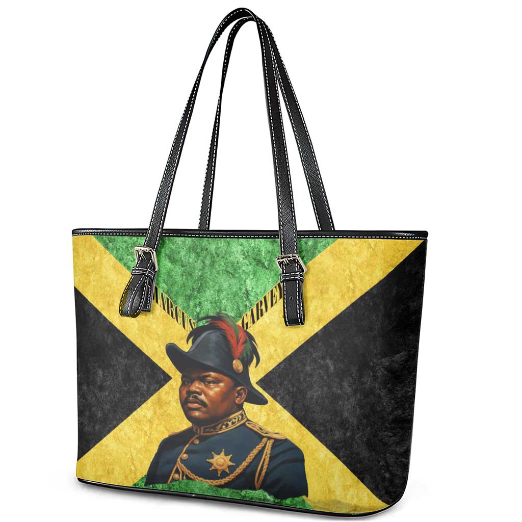 Marcus Garvey Leather Tote Bag Jamaican Flag Theme African Fist Civil Rights Symbol Pan African Tribute Design - Wonder Print Shop