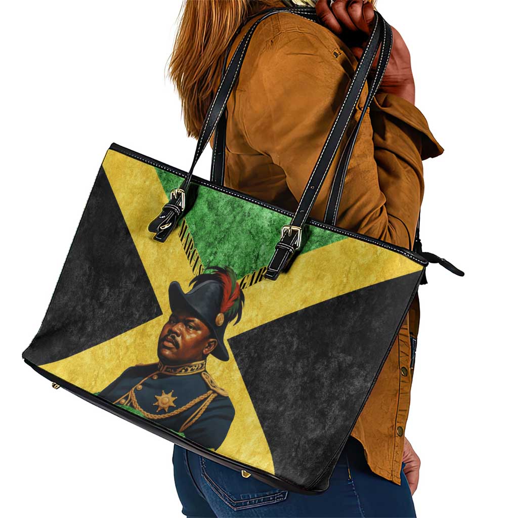 Marcus Garvey Leather Tote Bag Jamaican Flag Theme African Fist Civil Rights Symbol Pan African Tribute Design - Wonder Print Shop