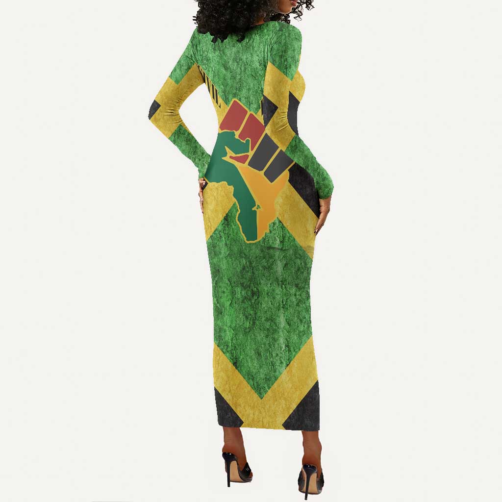 Marcus Garvey Long Sleeve Bodycon Dress Jamaican Flag Theme African Fist Civil Rights Symbol Pan African Tribute Design - Wonder Print Shop
