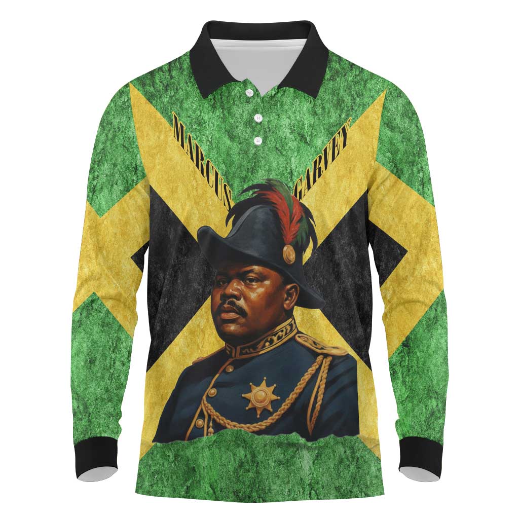 Marcus Garvey Long Sleeve Polo Shirt Jamaican Flag Theme African Fist Civil Rights Symbol Pan African Tribute Design - Wonder Print Shop