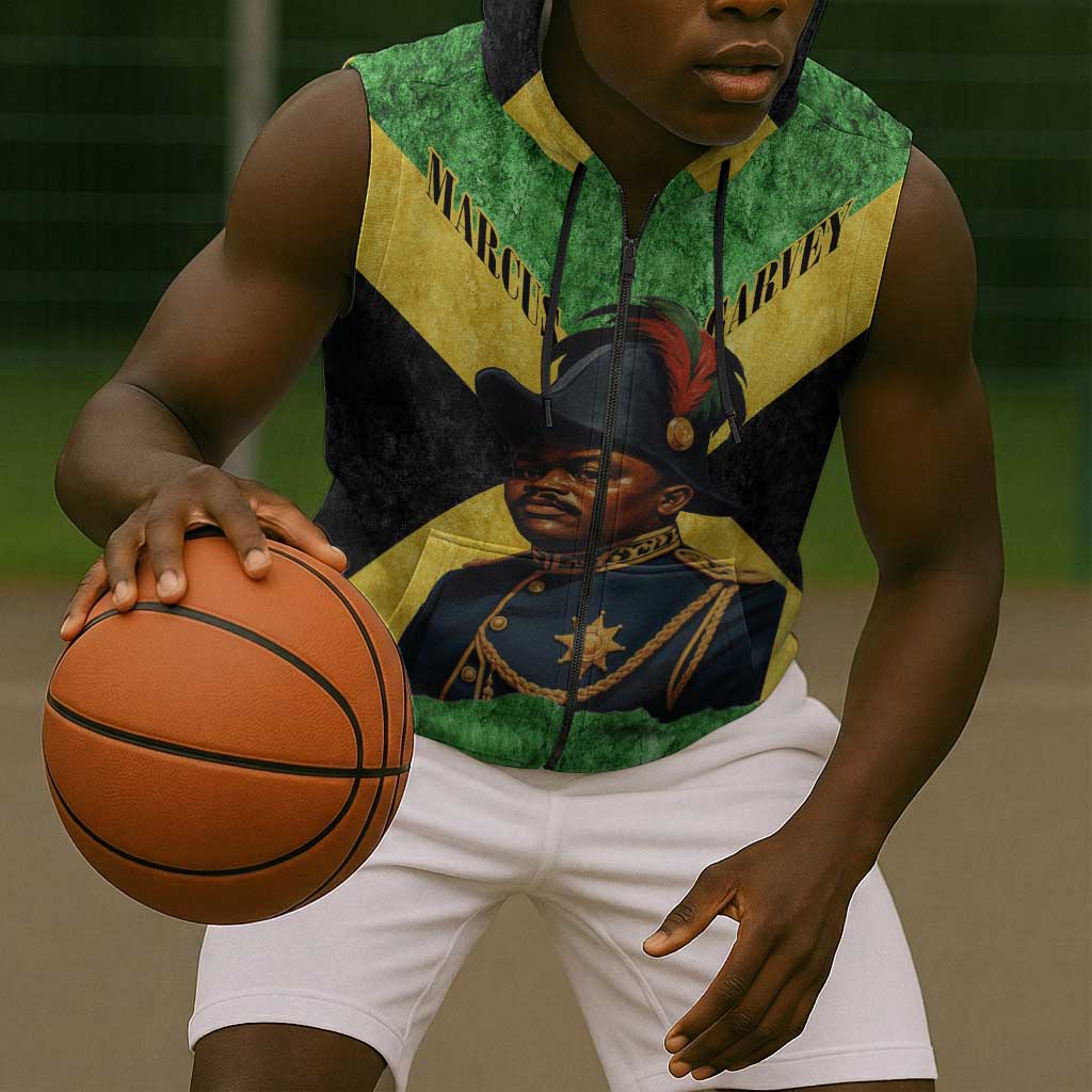 Marcus Garvey Sleeveless Zip Hoodie Jamaican Flag Theme African Fist Civil Rights Symbol Pan African Tribute Design - Wonder Print Shop