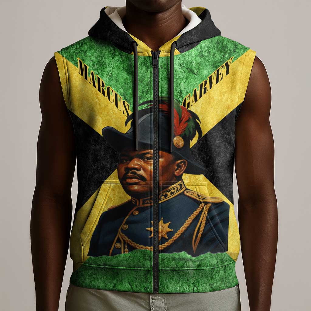 Marcus Garvey Sleeveless Zip Hoodie Jamaican Flag Theme African Fist Civil Rights Symbol Pan African Tribute Design - Wonder Print Shop