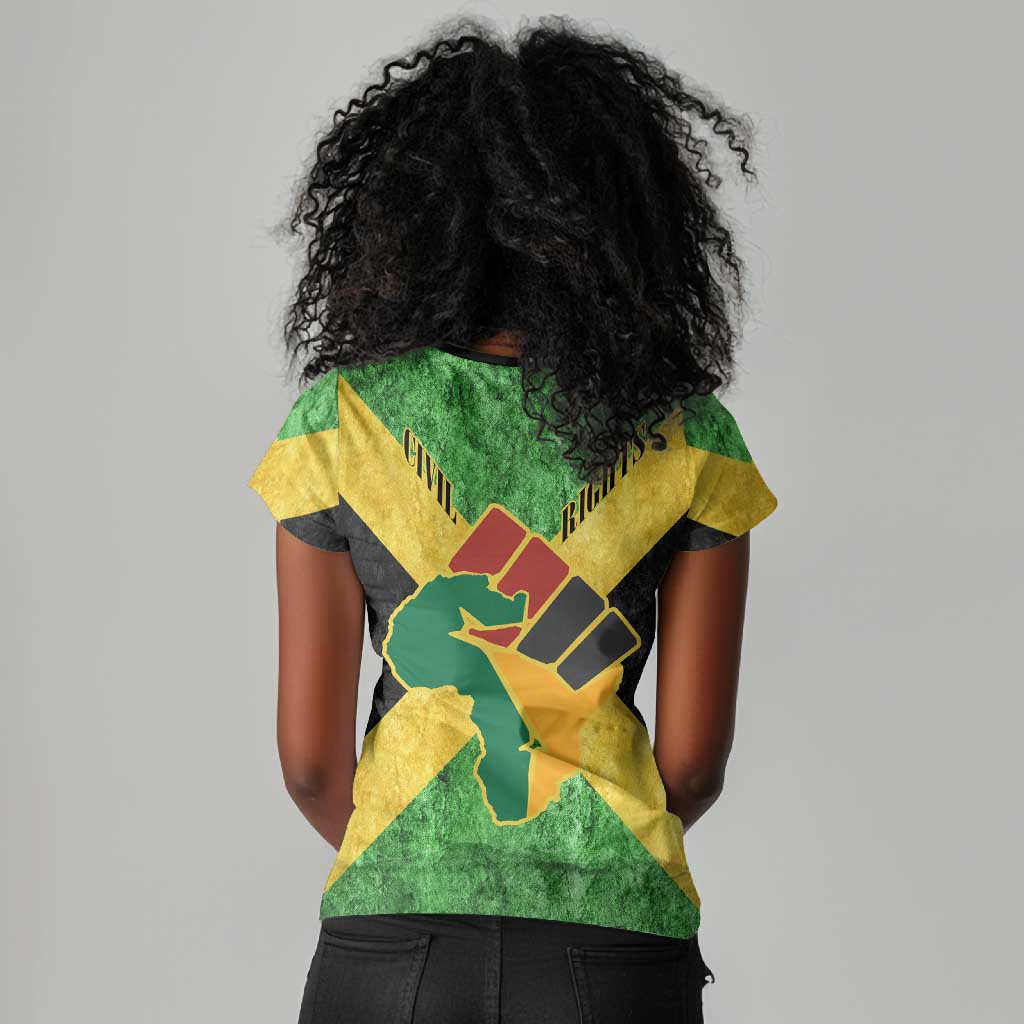 Marcus Garvey Women V-Neck T-Shirt Jamaican Flag Theme African Fist Civil Rights Symbol Pan African Tribute Design TS04