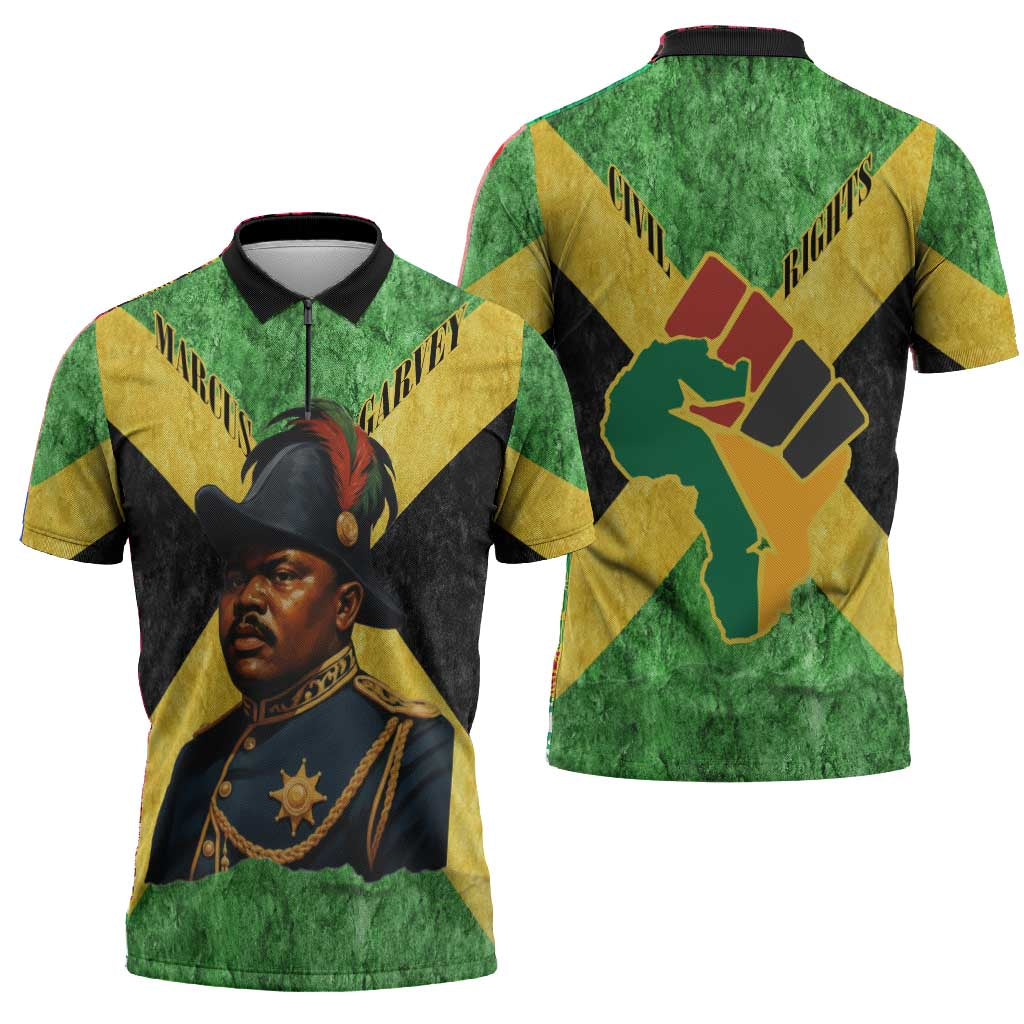 Marcus Garvey Zipper Polo Shirt Jamaican Flag Theme African Fist Civil Rights Symbol Pan African Tribute Design - Wonder Print Shop