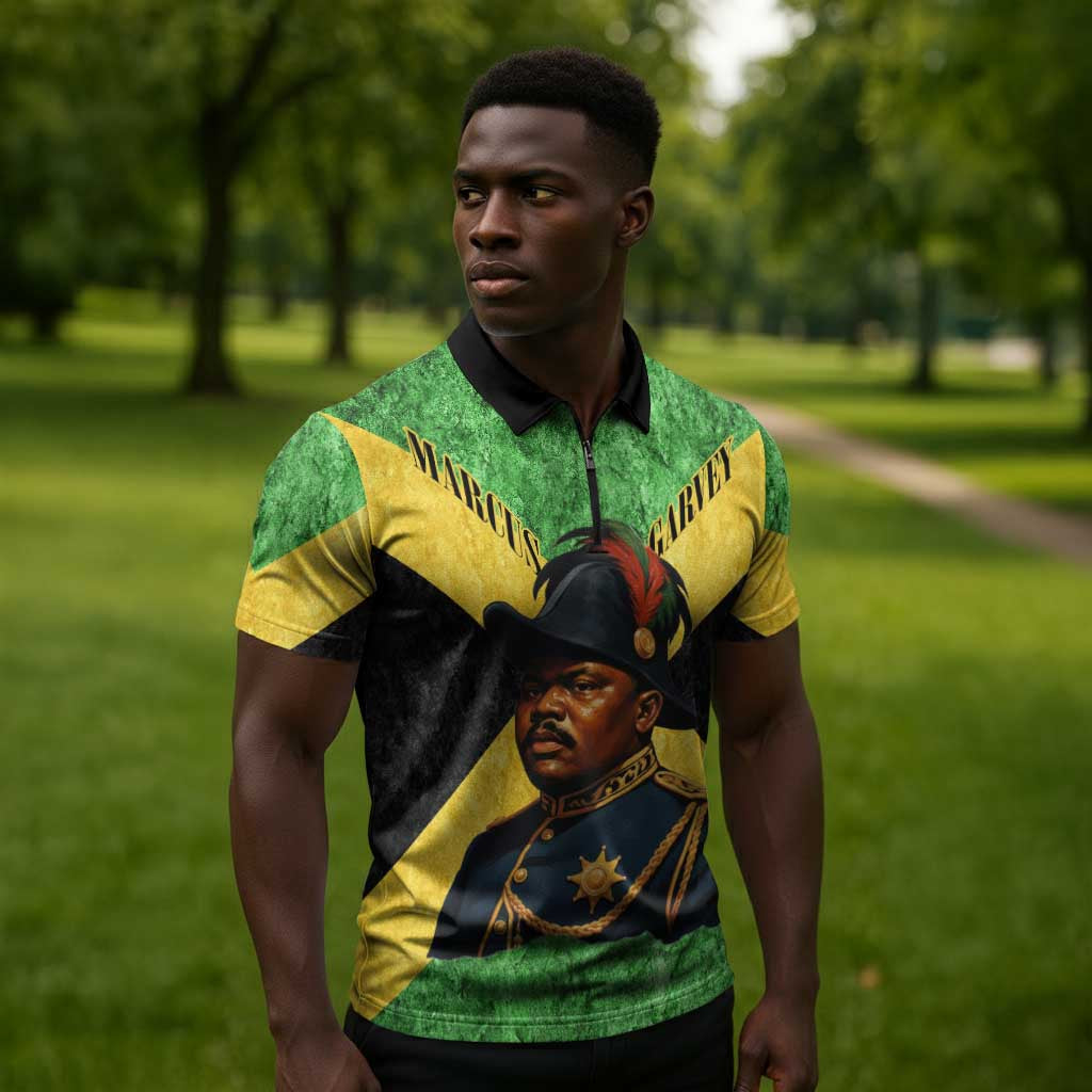 Marcus Garvey Zipper Polo Shirt Jamaican Flag Theme African Fist Civil Rights Symbol Pan African Tribute Design - Wonder Print Shop