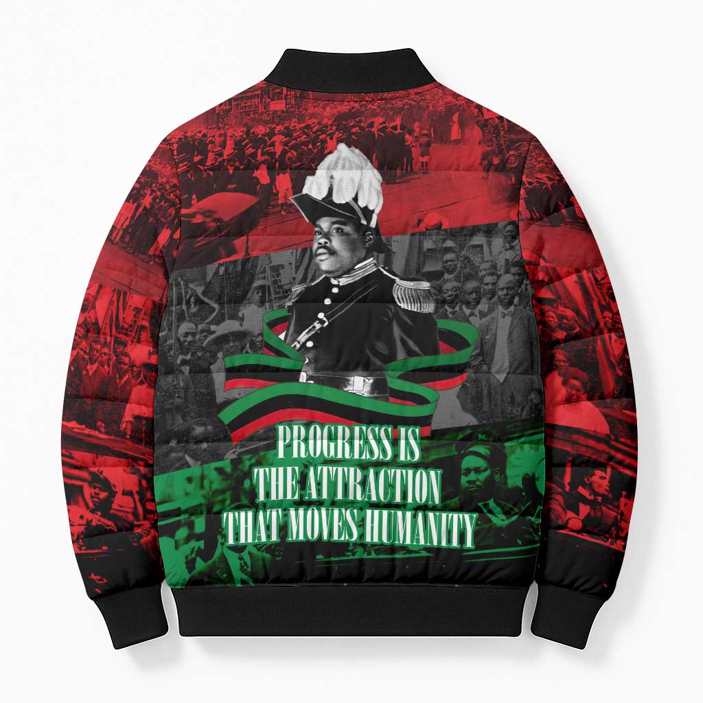 Marcus Garvey Bomber Puffer Jacket Collage Design Progress Is the Attraction Quote Pan African Movement Tribute - Wonder Print Shop