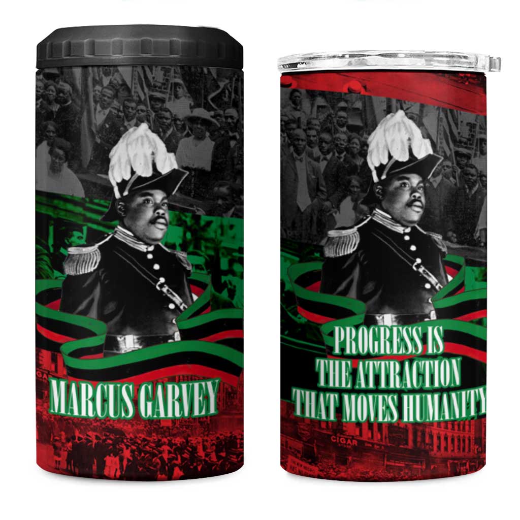 Marcus Garvey 4 in 1 Can Cooler Tumbler Collage Design Progress Is the Attraction Quote Pan African Movement Tribute - Wonder Print Shop