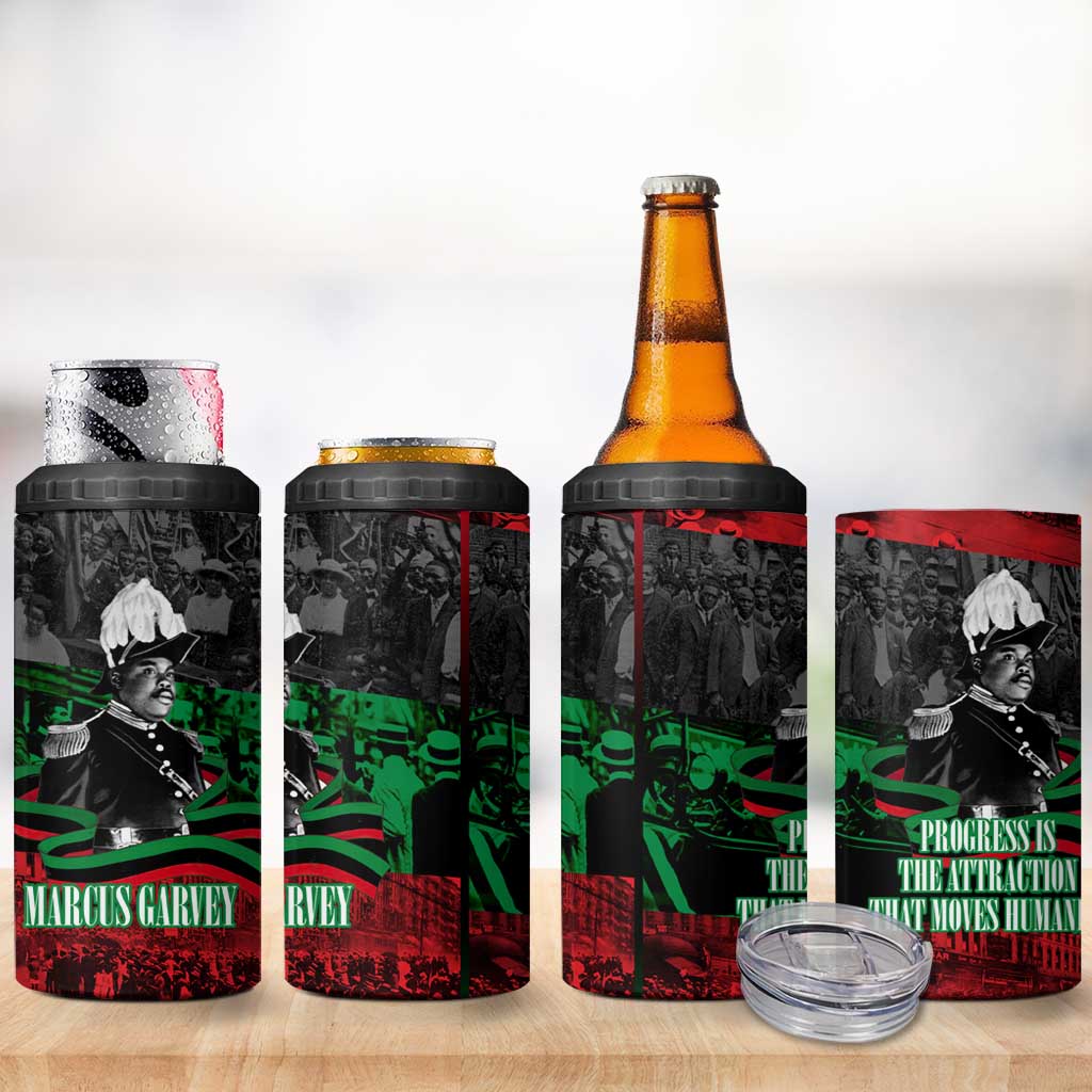 Marcus Garvey 4 in 1 Can Cooler Tumbler Collage Design Progress Is the Attraction Quote Pan African Movement Tribute - Wonder Print Shop