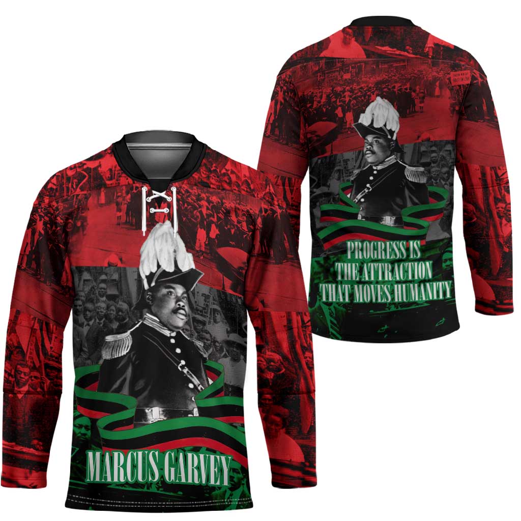 Marcus Garvey Hockey Jersey Collage Design Progress Is the Attraction Quote Pan African Movement Tribute - Wonder Print Shop
