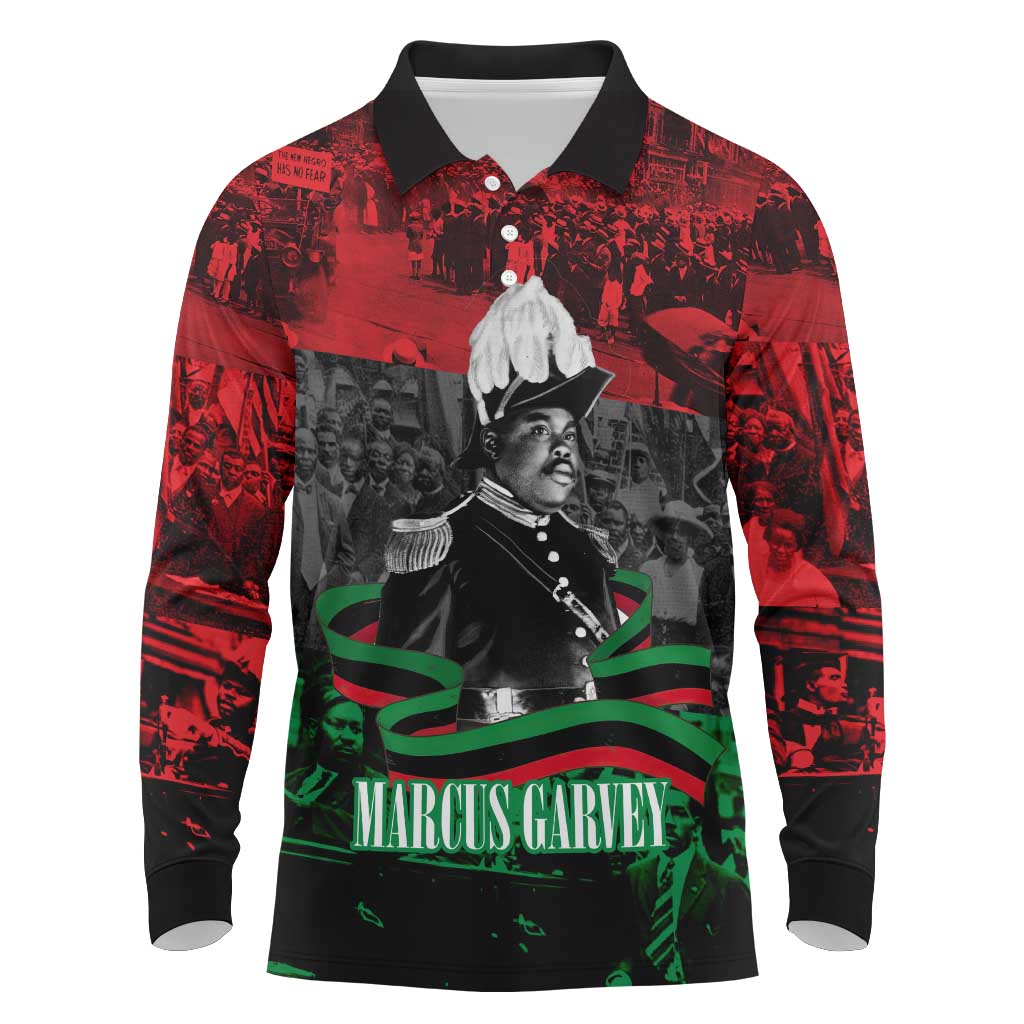 Marcus Garvey Long Sleeve Polo Shirt Collage Design Progress Is the Attraction Quote Pan African Movement Tribute - Wonder Print Shop