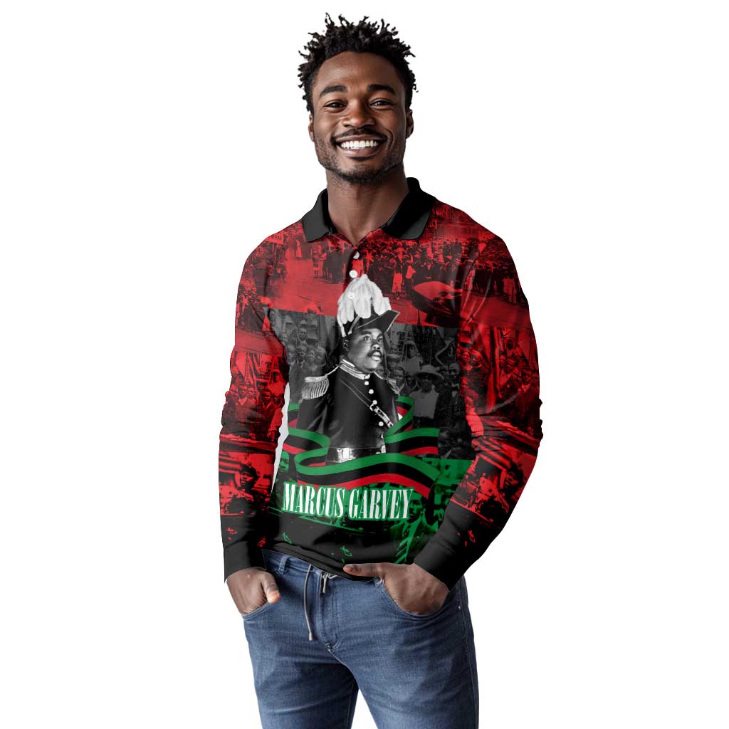 Marcus Garvey Long Sleeve Polo Shirt Collage Design Progress Is the Attraction Quote Pan African Movement Tribute - Wonder Print Shop