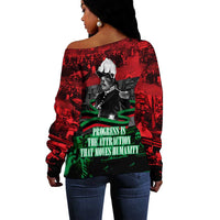 Marcus Garvey Off Shoulder Sweater Collage Design Progress Is the Attraction Quote Pan African Movement Tribute - Wonder Print Shop