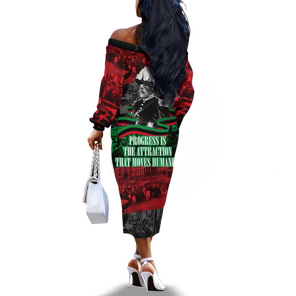 Marcus Garvey Off The Shoulder Long Sleeve Dress Collage Design Progress Is the Attraction Quote Pan African Movement Tribute - Wonder Print Shop