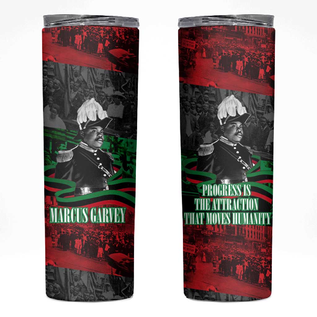 Marcus Garvey Skinny Tumbler Collage Design Progress Is the Attraction Quote Pan African Movement Tribute - Wonder Print Shop