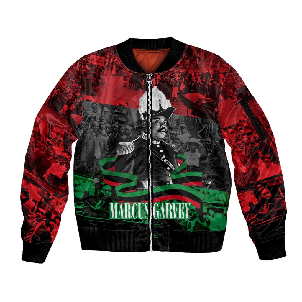 Marcus Garvey Sleeve Zip Bomber Jacket Collage Design Progress Is the Attraction Quote Pan African Movement Tribute - Wonder Print Shop