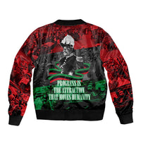 Marcus Garvey Sleeve Zip Bomber Jacket Collage Design Progress Is the Attraction Quote Pan African Movement Tribute - Wonder Print Shop