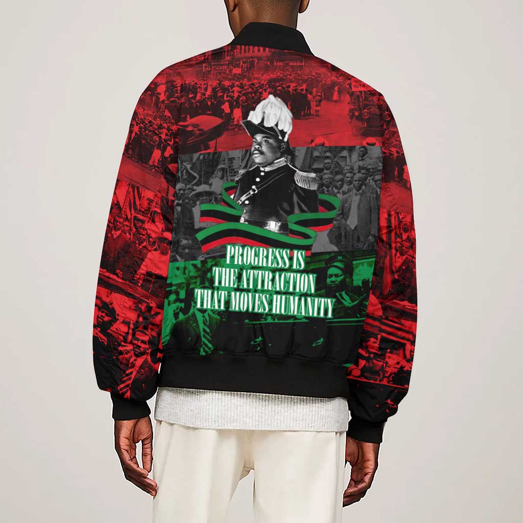 Marcus Garvey Sleeve Zip Bomber Jacket Collage Design Progress Is the Attraction Quote Pan African Movement Tribute - Wonder Print Shop