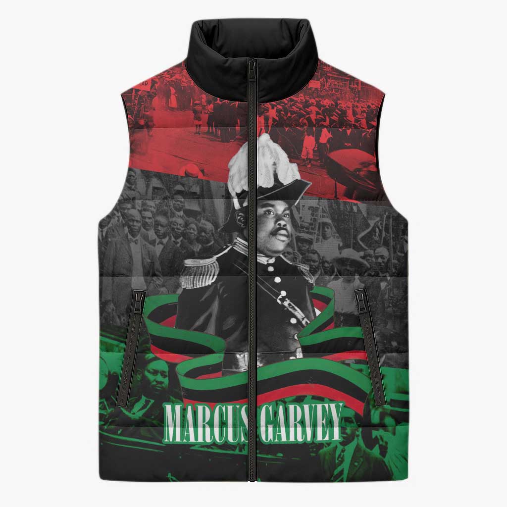 Marcus Garvey Sleeveless Puffer Jacket Collage Design Progress Is the Attraction Quote Pan African Movement Tribute - Wonder Print Shop