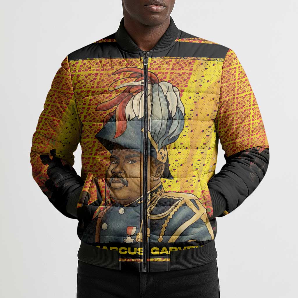 Marcus Garvey Bomber Puffer Jacket Yellow African Pattern Design Pan African Flag Civil Rights Movement Tribute - Wonder Print Shop