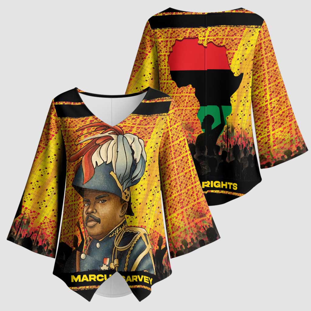 Marcus Garvey Kimono Sleeve Blouse Yellow African Pattern Design Pan African Flag Civil Rights Movement Tribute - Wonder Print Shop