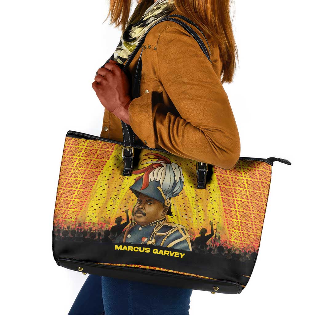 Marcus Garvey Leather Tote Bag Yellow African Pattern Design Pan African Flag Civil Rights Movement Tribute - Wonder Print Shop