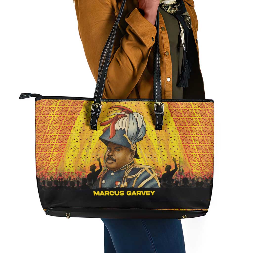 Marcus Garvey Leather Tote Bag Yellow African Pattern Design Pan African Flag Civil Rights Movement Tribute - Wonder Print Shop