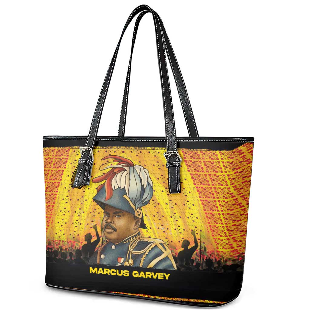 Marcus Garvey Leather Tote Bag Yellow African Pattern Design Pan African Flag Civil Rights Movement Tribute - Wonder Print Shop