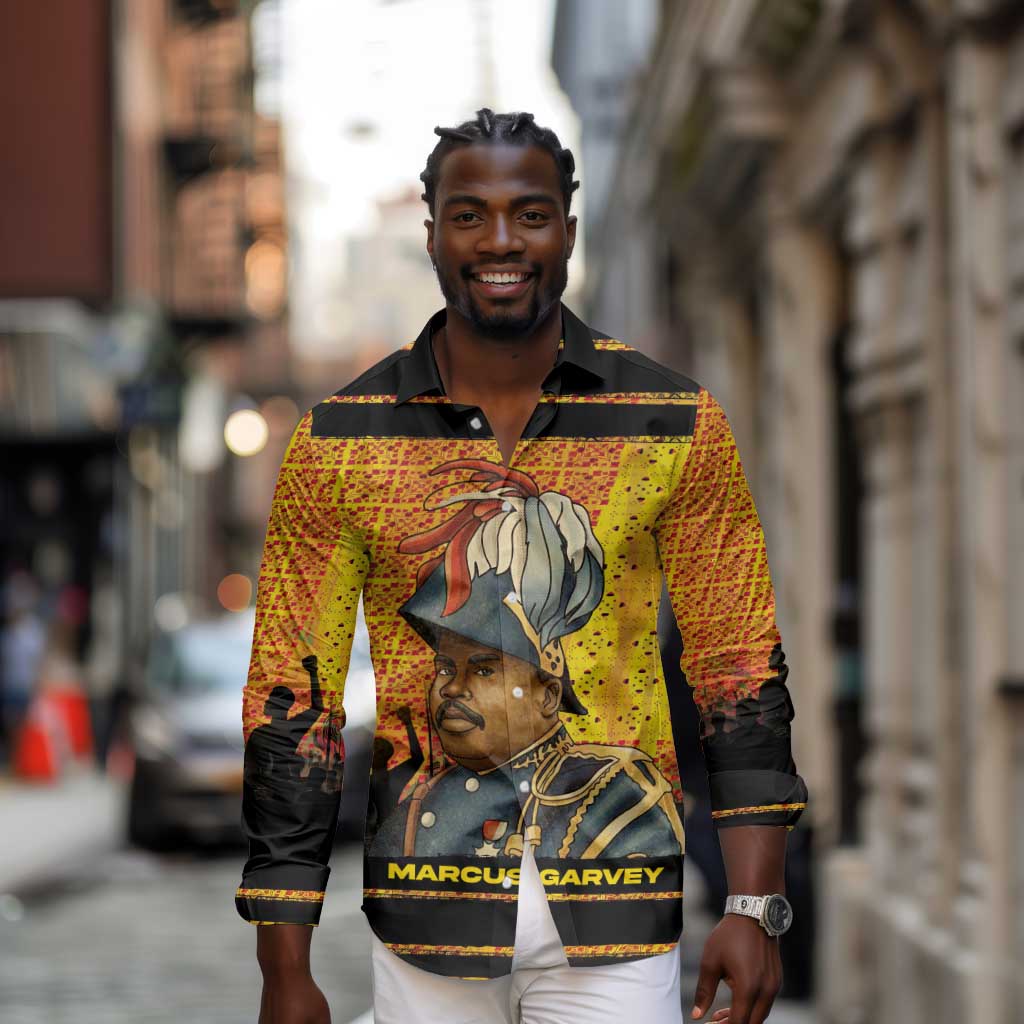 Marcus Garvey Long Sleeve Button Shirt Yellow African Pattern Design Pan African Flag Civil Rights Movement Tribute - Wonder Print Shop