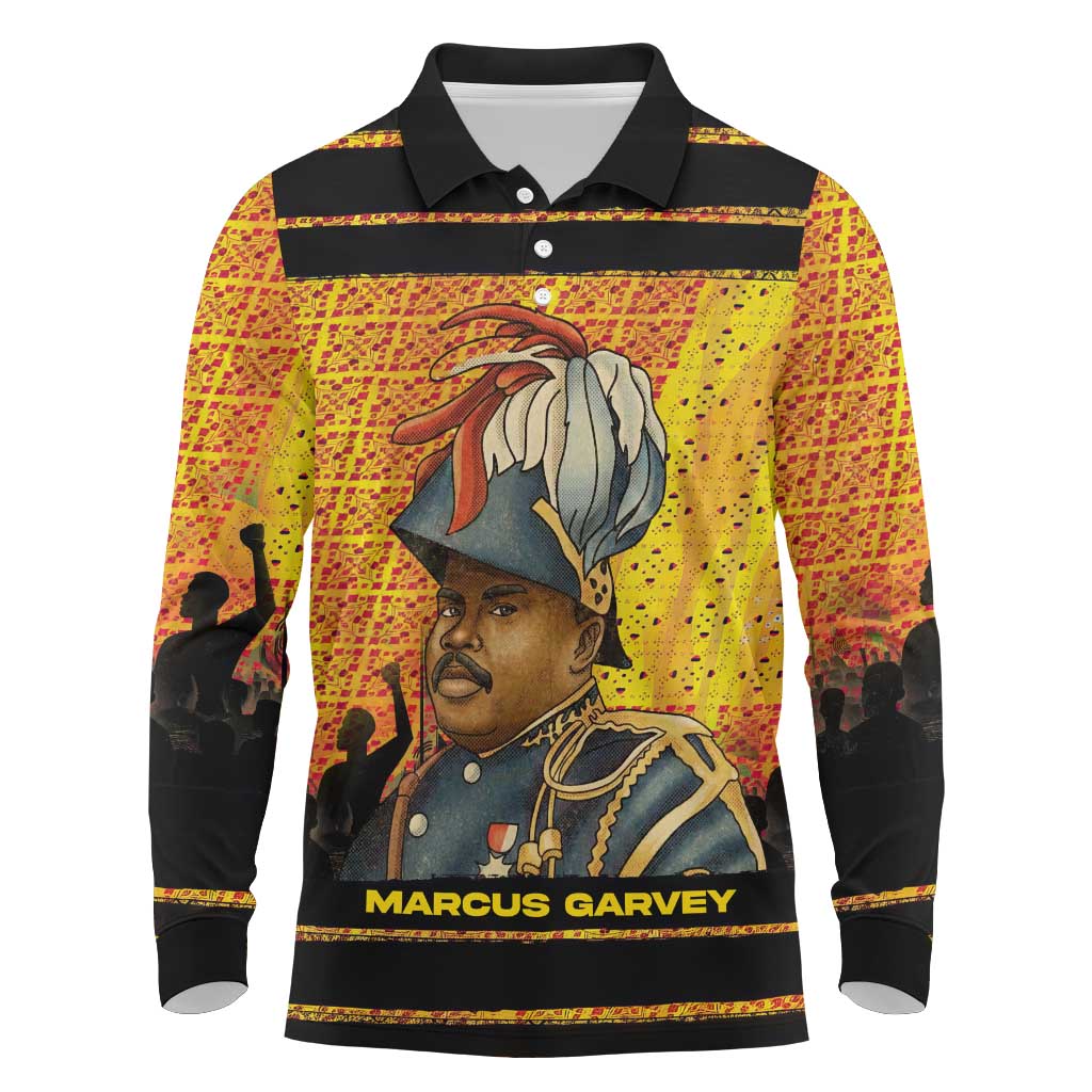 Marcus Garvey Long Sleeve Polo Shirt Yellow African Pattern Design Pan African Flag Civil Rights Movement Tribute - Wonder Print Shop