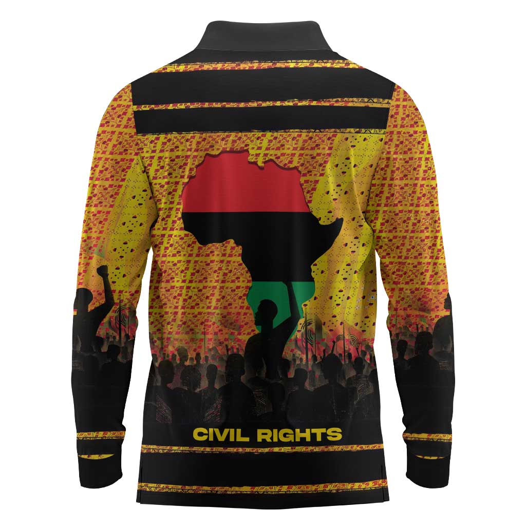 Marcus Garvey Long Sleeve Polo Shirt Yellow African Pattern Design Pan African Flag Civil Rights Movement Tribute - Wonder Print Shop