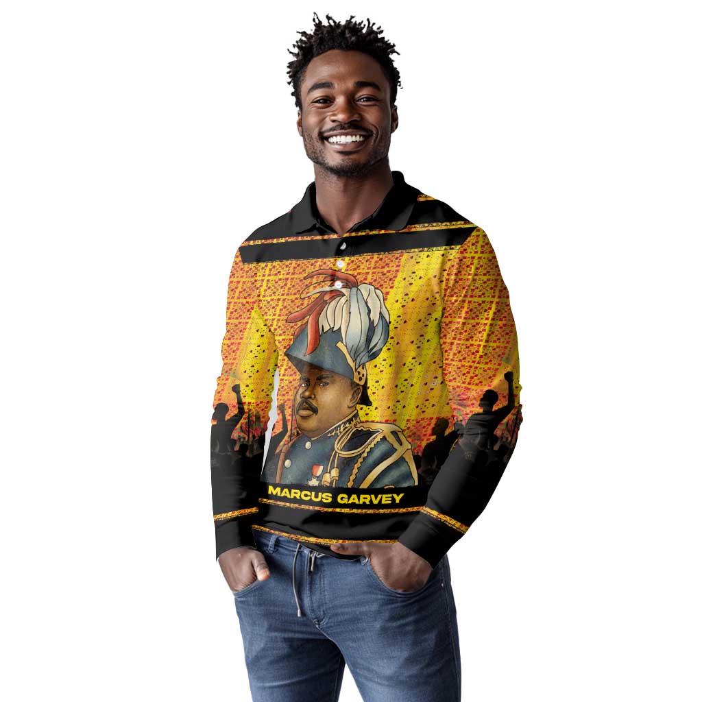 Marcus Garvey Long Sleeve Polo Shirt Yellow African Pattern Design Pan African Flag Civil Rights Movement Tribute - Wonder Print Shop
